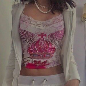 SOLD‼️‼️Lace y2k bimbo ed hardy and juicy couture style rhinestone tank top